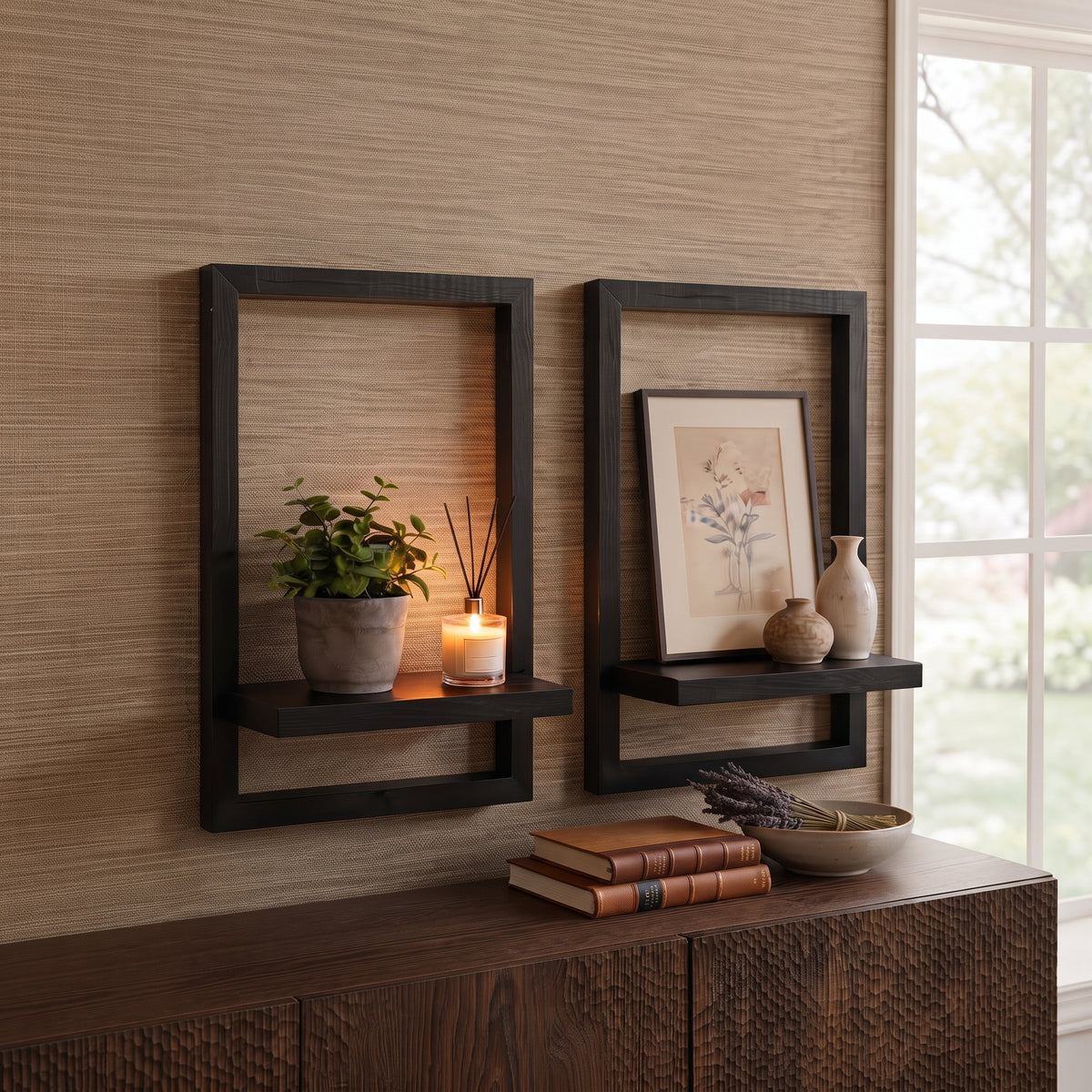 2 Pcs Black Floating Wall Shelves Set