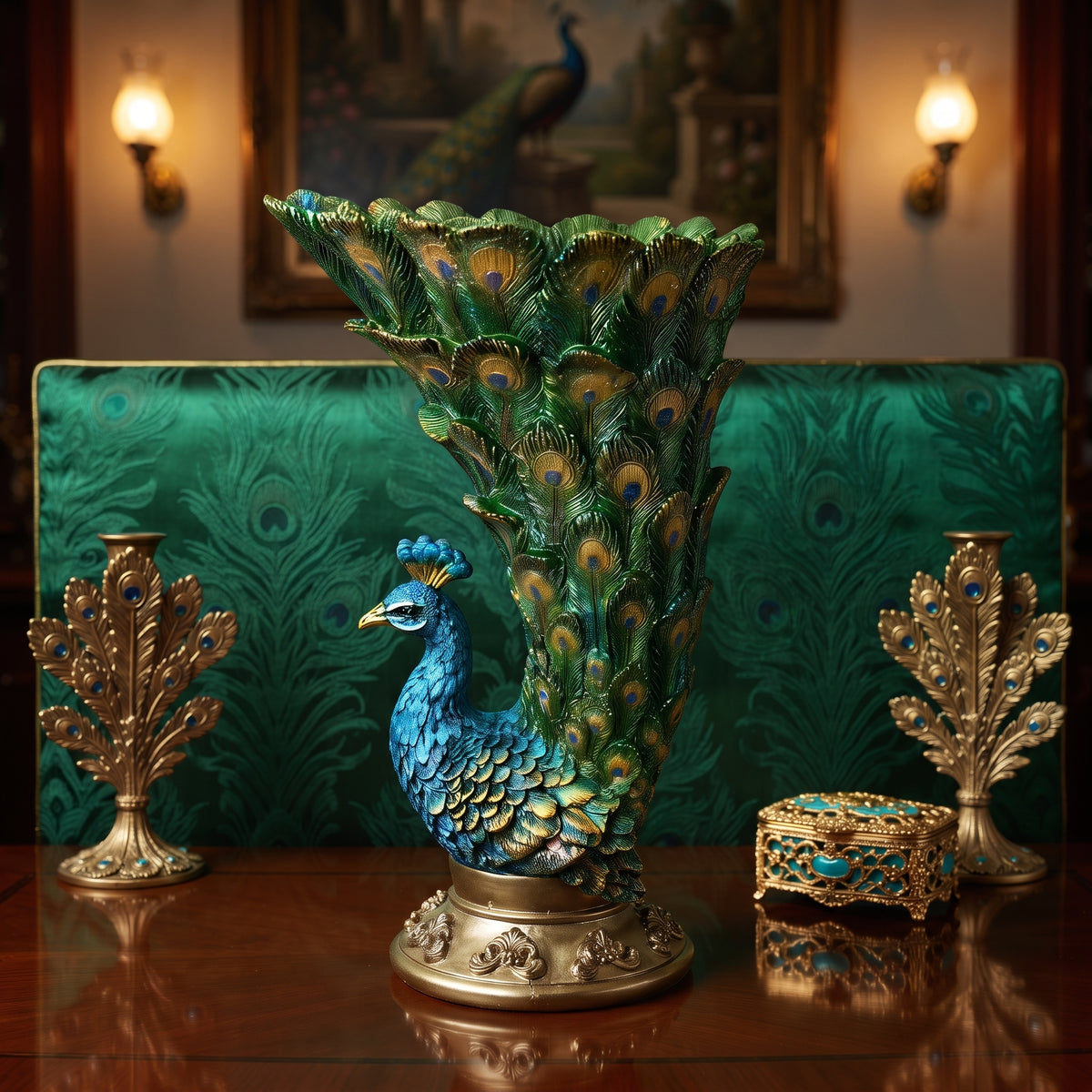 Luxury Blue-Green Peacock Vase Resin Ornament