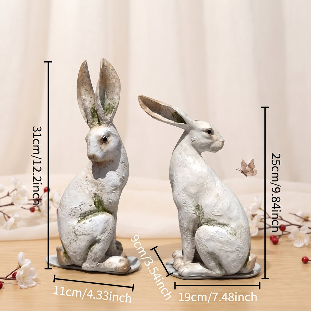 White Moss Pattern Long-Eared Rabbit Statues