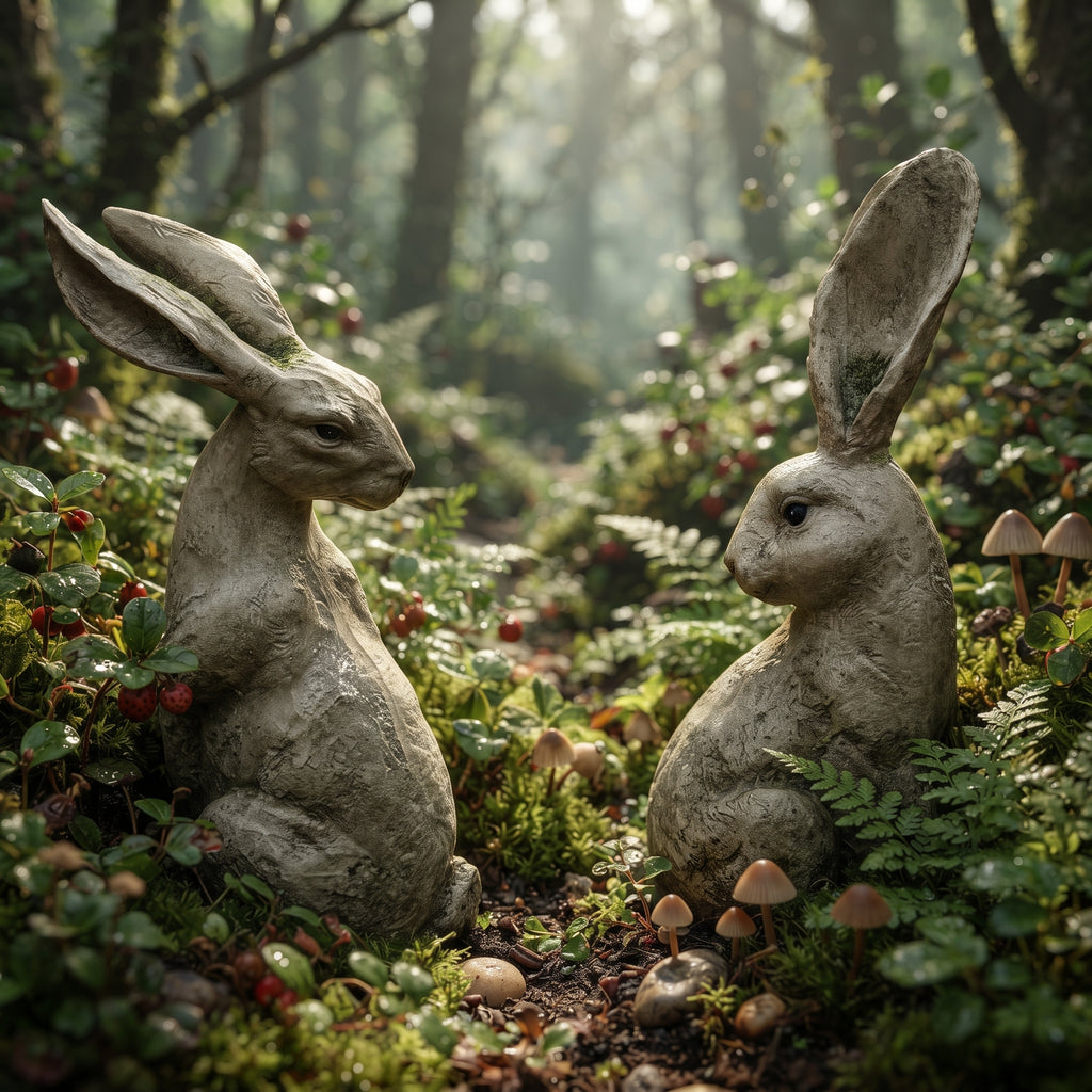 White Moss Pattern Long-Eared Rabbit Statues