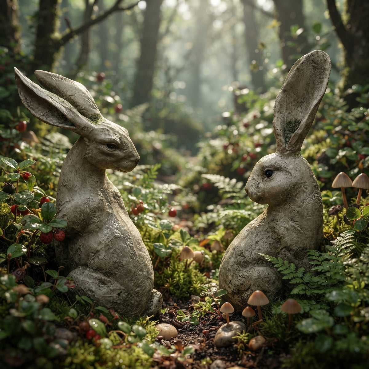 White Moss Pattern Long-Eared Rabbit Statues