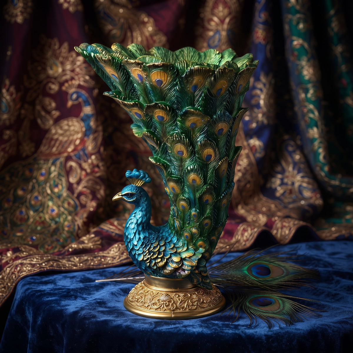 Luxury Blue-Green Peacock Vase Resin Ornament