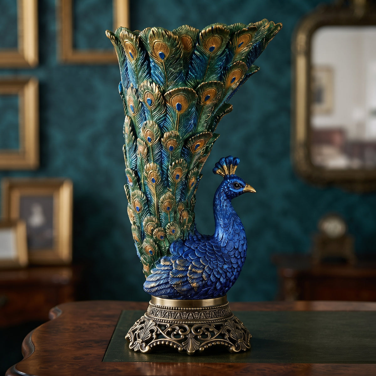 Luxury Blue-Green Peacock Vase Resin Ornament
