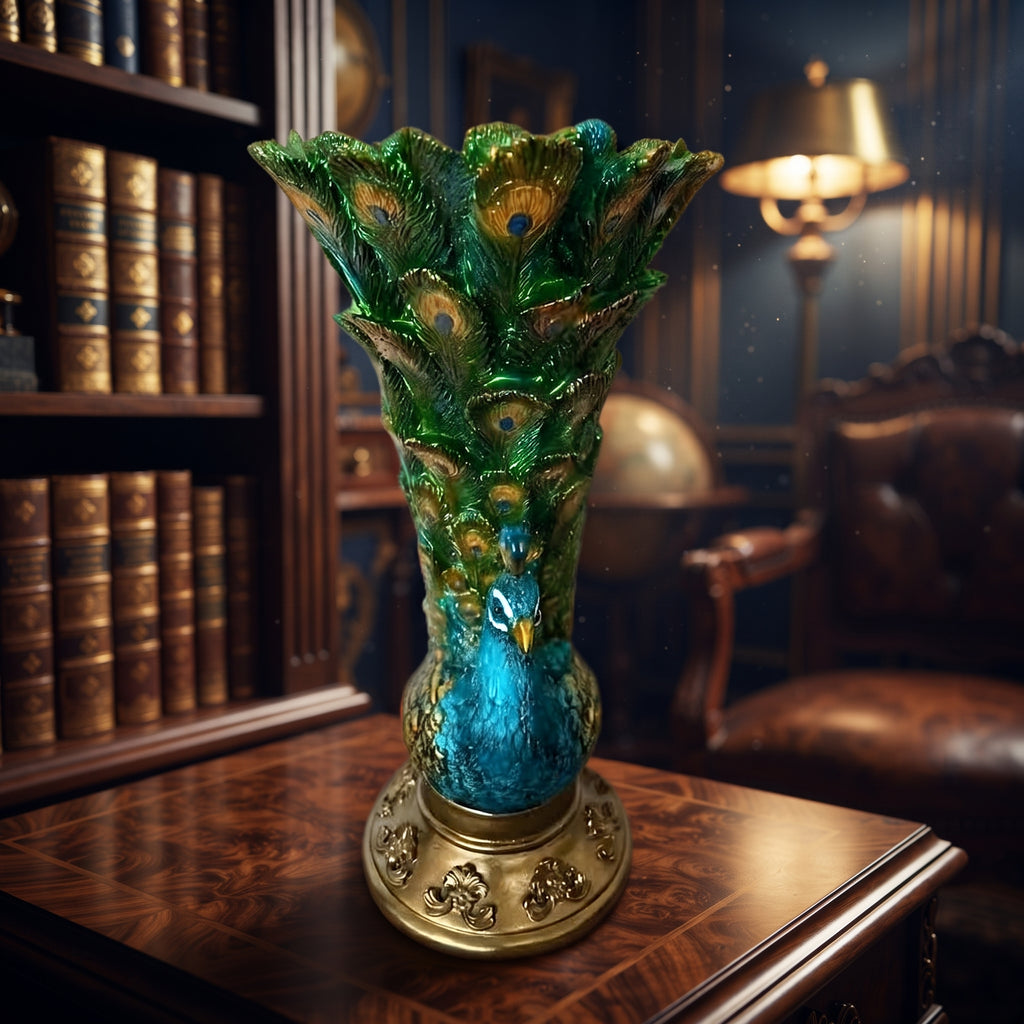 Luxury Blue-Green Peacock Vase Resin Ornament