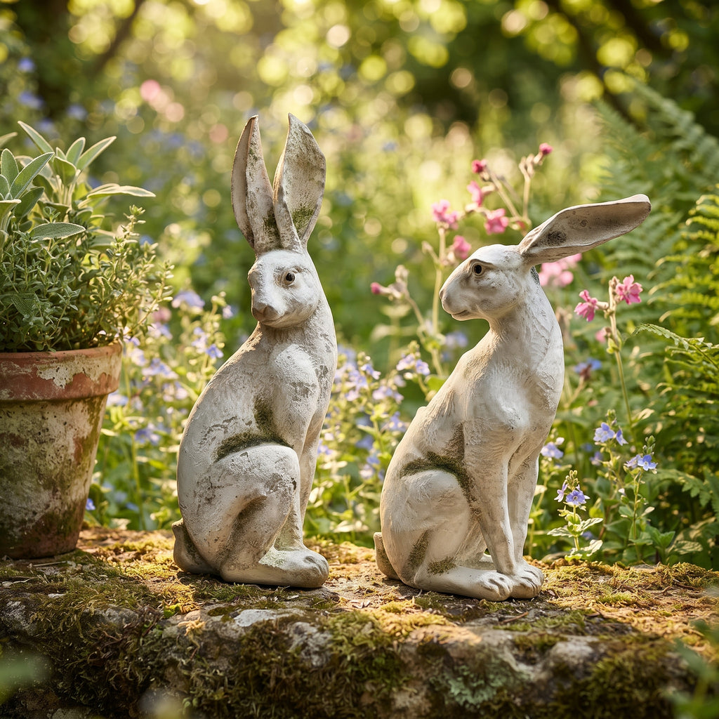 White Moss Pattern Long-Eared Rabbit Statues