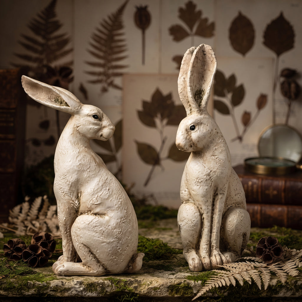 White Moss Pattern Long-Eared Rabbit Statues